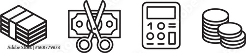 Financial Wellness Icons Depicting Money Management Concepts Like Savings, Budgeting, Expense Reduction, and Investment Planning with a Calculator