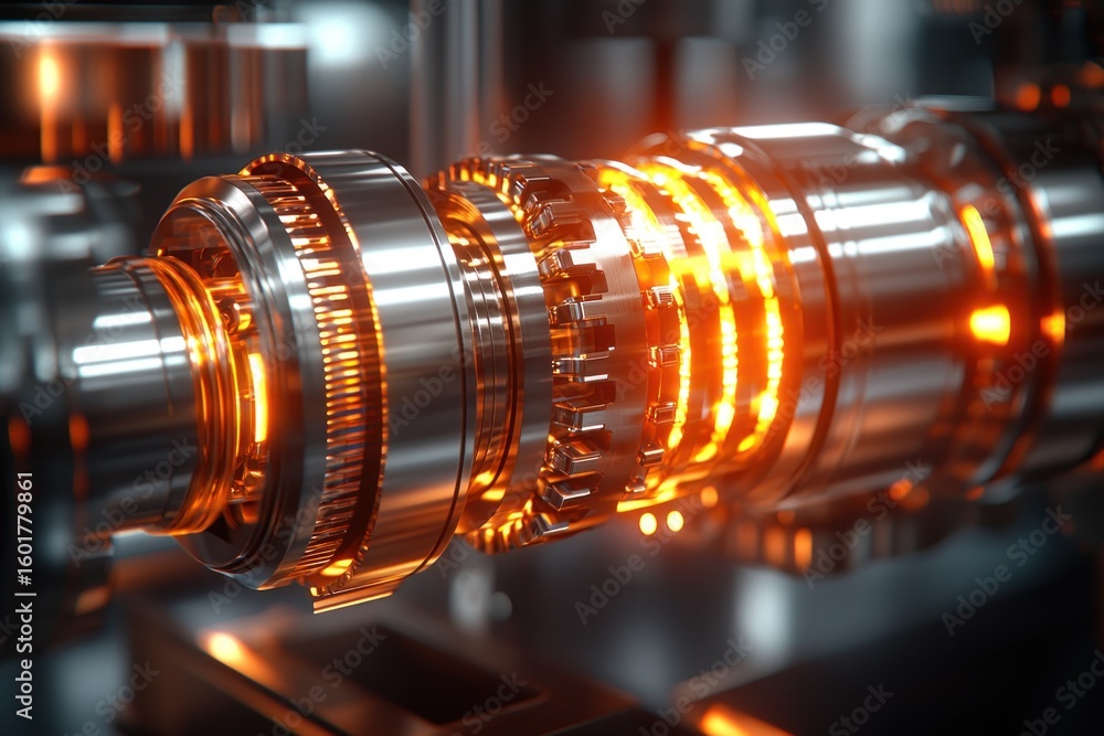 Obraz premium Close-up of intricate, high-tech machinery. Gears, bearings, and components in polished metal with glowing orange accents. Details of engineering design are highlighted