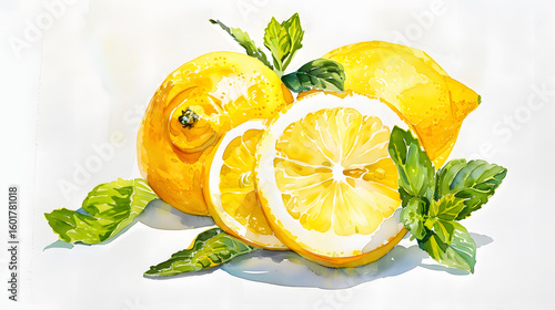 watercolor painting of lemons with mint leaves