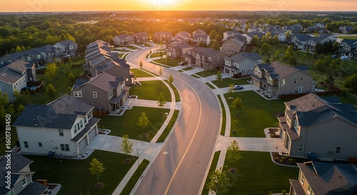 Aerial sunset scene of curving contemporary American neighborhood street with newly constructed single family residences in the East Coast United States