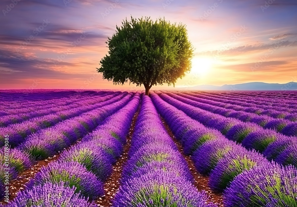 Fototapeta premium Glowing Sunset Over Lavender Field with a Lone Tree in Blooming Purple Landscape