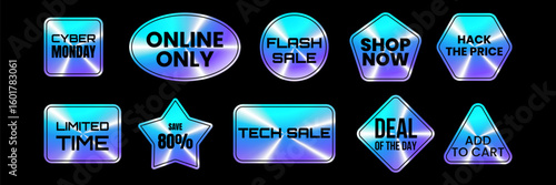 Set of holographic stickers. Cyber Monday. Hologram sale promo labels of different geometric shapes iridescent foil. Colored rainbow shiny discount emblems tags. Isolated Neon vector illustration