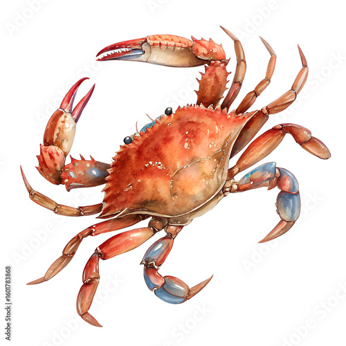 Watercolor Illustration of a Blue Crab Isolated on Transparent Background