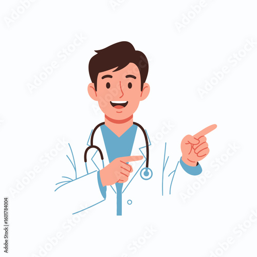 Smiling male doctor in white coat with stethoscope points to the right with both hands, concept for healthcare promotion, medical advertising and patient education.