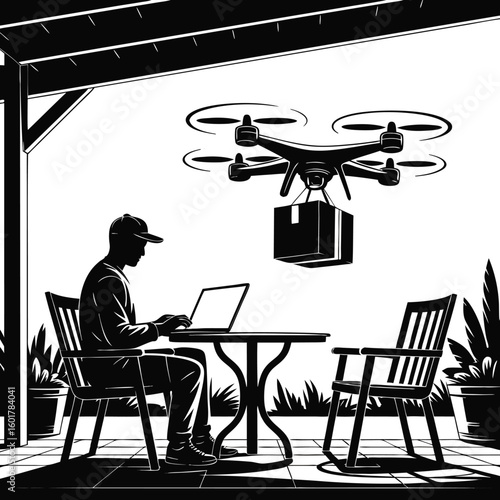Drone delivery service concept man working on laptop with parcel arriving at outdoor patio area modern technology