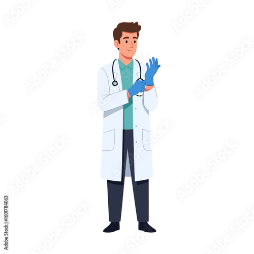 Smiling doctor wearing a lab coat and stethoscope, putting on blue surgical gloves. Concept for medical examination, healthcare professional, and hospital safety protocols