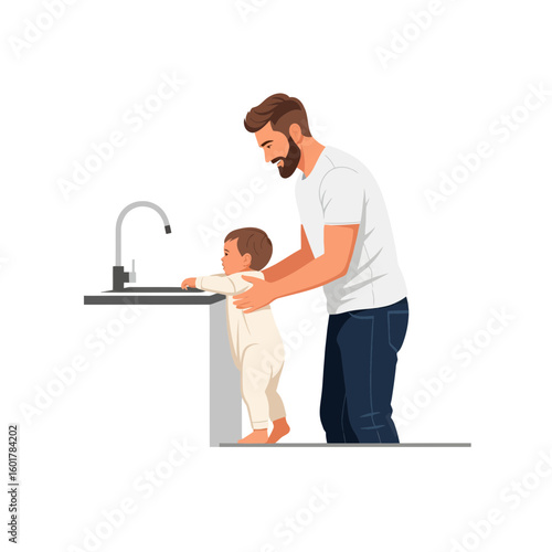 A father supports his toddler near a sink, fostering learning and exploration, concept for early childhood development, safety awareness and parenting guidance.