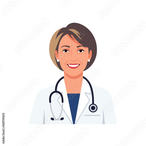 Smiling female doctor with stethoscope and white coat posing confidently, concept for healthcare service, medical consultation, and wellness promotion. Confident and welcoming physician specializing