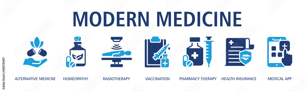 Obraz premium Modern Medicine Web Banner Glyph Dualtone icon vector illustration concept with icon of alternative medicine, homeopathy, radiotherapy, vaccination, pharmacy therapy, health insurance, medical app