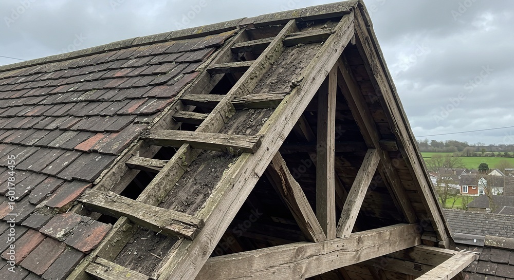 Fototapeta premium Inspecting damaged rooftop with missing tiles and decaying wood structure for repair and maintenance work