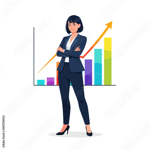 Confident female executive in navy suit stands before a vibrant growth chart with folded arms, concept for business presentation, financial analysis, and success visualization representing growth