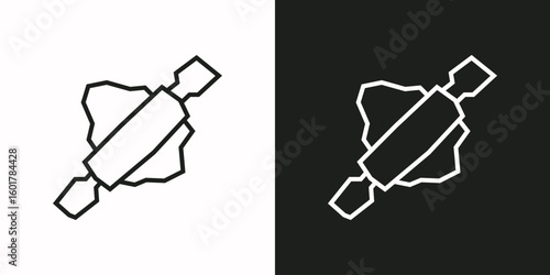 Dough with Rolling Pin Icon in Black Line Art and White Line Art Cutout Style
