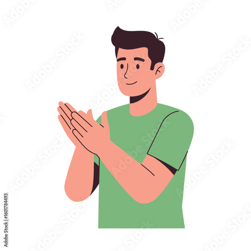 Smiling man in green shirt clapping his hands with cheerful expression concept for appreciation gesture, celebration achievement and positive feedback illustration, flat design of enthusiastic