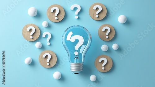 Wallpaper Mural A creative composition featuring a light bulb surrounded by wooden circles and white balls, symbolizing questions and ideas, set against a calming blue background. Torontodigital.ca