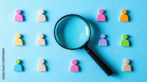 Wallpaper Mural A black magnifying glass focuses on colorful, abstract human figures laid out on a vibrant blue background, symbolizing analysis and research in communities and demographics. Torontodigital.ca