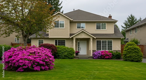 Family house with green lawn and decorative bushes in front. Average residential house on cloudy day in British Columbia
