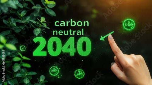 A close-up of a hand pointing at the glowing text 'carbon neutral 2040', surrounded by green leaves and circular symbols, symbolizing environmental sustainability and a greener future.