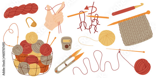 Knitting and crochet tools vector set. Yarn balls, scissors, hooks and other accessories for knitting. 