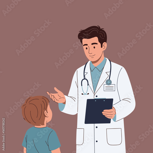 A caring male pediatrician wearing a stethoscope and holding a clipboard, interacting with a young patient, concept for pediatric healthcare, medical consultation, and child wellness campaigns