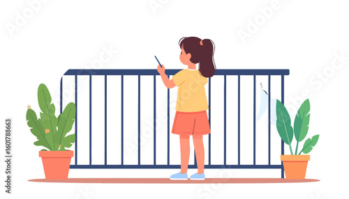 Girl with a ponytail on a balcony with potted plants, holding a phone. Flat vector illustration of a child in casual clothes viewed from the back.