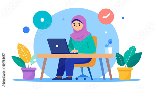 Smiling Muslim woman in a purple hijab working on a laptop at a desk. Modern flat vector illustration of a female professional.