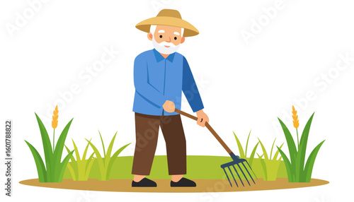 Elderly farmer with a white beard and straw hat, wearing a blue shirt and holding a rake.