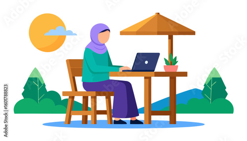 Muslim woman in a purple hijab and teal shirt working on a laptop at a wooden table under an umbrella.