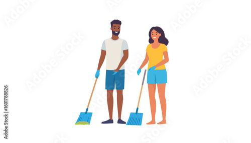 Happy diverse couple in casual clothes cleaning together with a broom and dustpan.