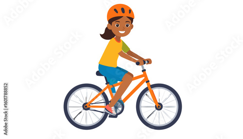 Cheerful dark-skinned girl in an orange helmet joyfully riding a bright orange bicycle.