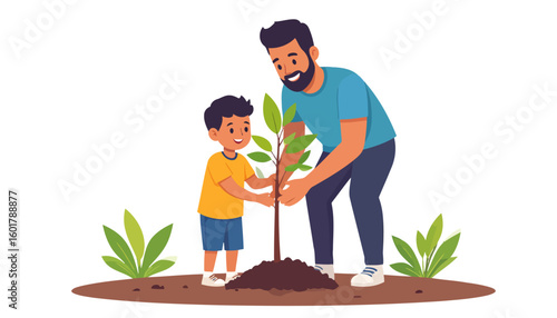 A bearded father and his son happily planting a young sapling together in a flat illustration style.