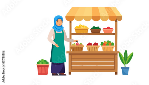 Friendly Muslim woman in a blue hijab and green apron selling produce at a wooden farmers market stall.