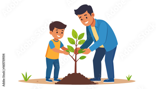 A caring father and his young son happily planting a small green tree sapling together.