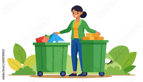 A smiling woman in a green jacket sorts trash into two large green recycling bins.