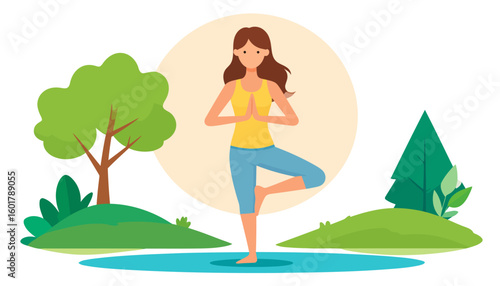 A young woman with long brown hair in a yellow top and blue pants practicing the yoga tree pose.