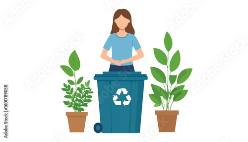 A faceless woman with brown hair stands behind a blue recycling bin with a white logo, flanked by two green potted plants.