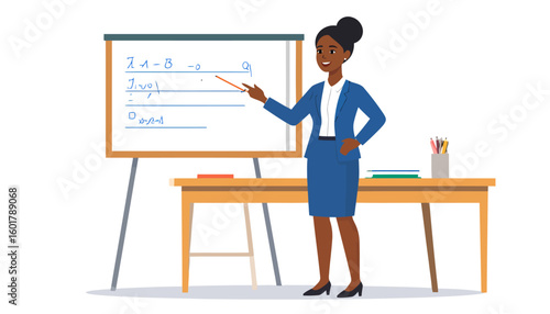Smiling African American teacher in a blue business suit pointing at a whiteboard during a lesson.