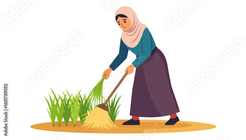 Vector illustration of a Muslim woman in a hijab, bent over while sweeping with a straw broom.