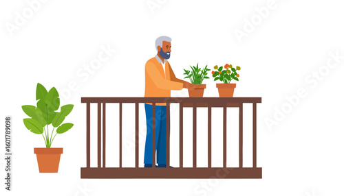 Elderly man with a grey beard and orange sweater tending to potted plants on a balcony.