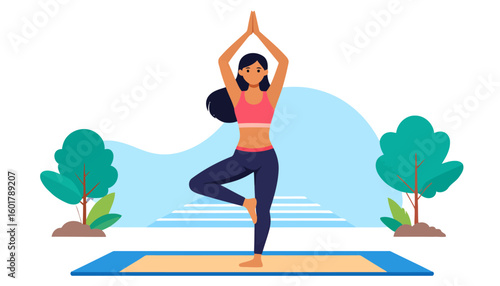 A woman with long dark hair in a pink top and blue leggings practicing the Vrikshasana yoga tree pose.