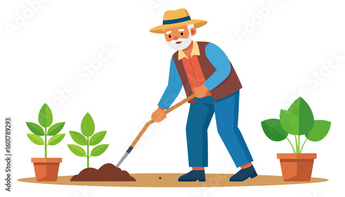 Elderly gardener with a white beard and straw hat using a hoe to plant saplings.