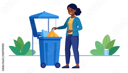 Smiling African American woman in a blue jacket responsibly disposing of garbage in a large wheeled trash bin.