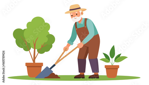 Cheerful elderly man with a white beard, wearing a straw hat and brown overalls, gardening with a shovel.