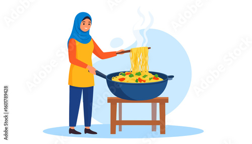 Smiling woman in a blue hijab and yellow tunic cooking steaming noodles in a wok.