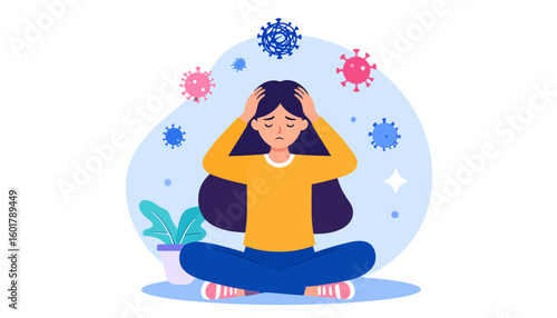 A distressed woman with long dark hair clutches her head, sitting cross-legged while surrounded by floating virus particles.