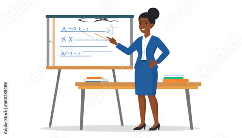 Professional black woman in a blue suit teaching, smiling and pointing at a whiteboard with a pointer stick.