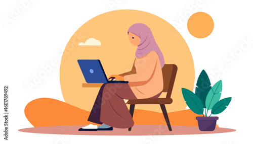 Focused Muslim woman in a purple hijab and peach tunic working remotely on her laptop computer.