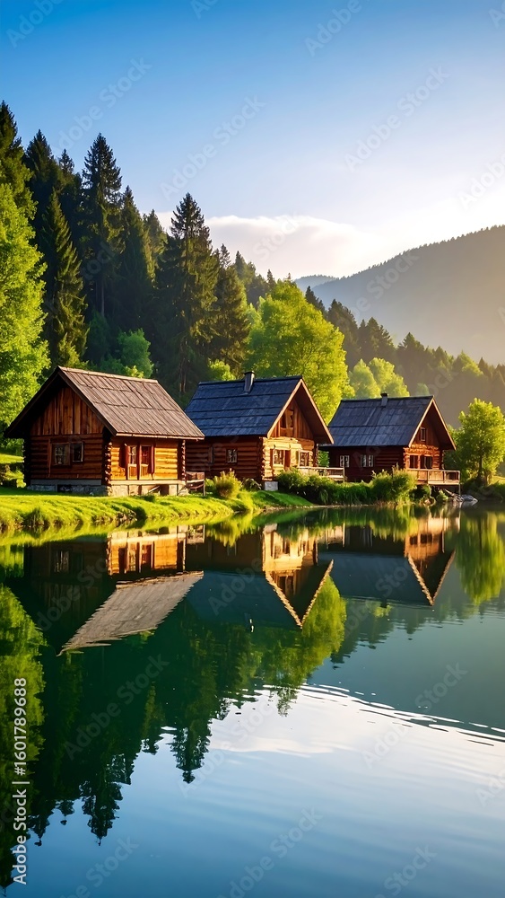 Fototapeta premium Peaceful alpine lake houses
