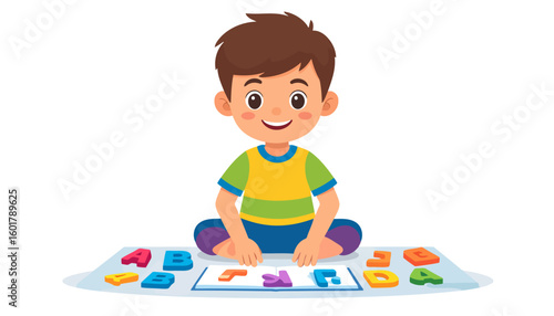 Happy cartoon boy with brown hair sitting cross-legged, learning the alphabet with a colorful puzzle book.