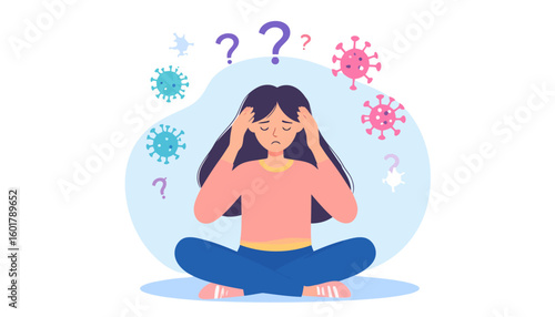 Stressed woman with a headache, surrounded by coronavirus icons and question marks, feeling anxious and confused during a pandemic.