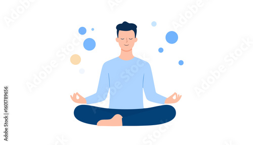 Calm man with dark hair meditating in a lotus pose with closed eyes and a gentle smile. Flat vector illustration of a person in blue clothes practicing mindfuln